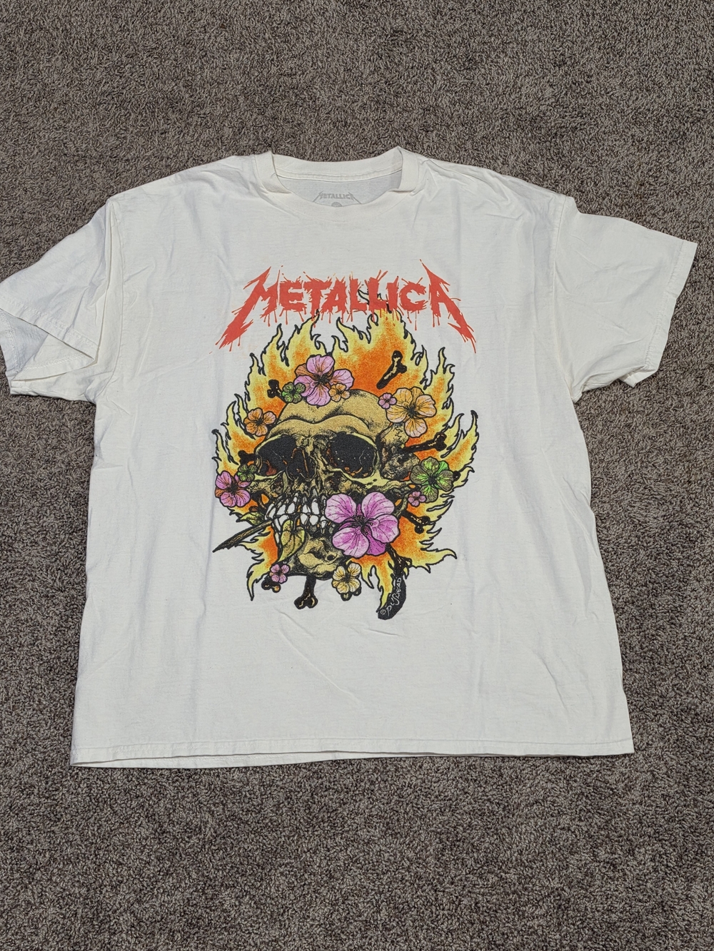 Metallica White Short Sleeve Graphic Tee with Flaming Skull
